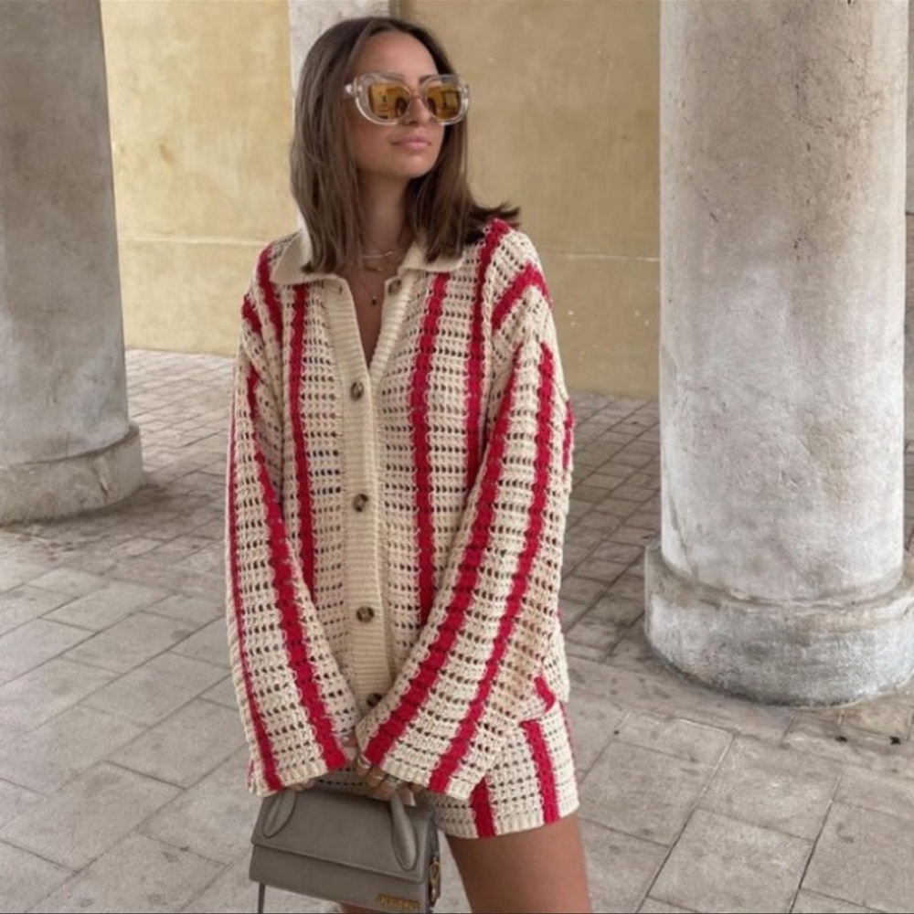 Zara 2 piece openwork knit jacket and shorts set